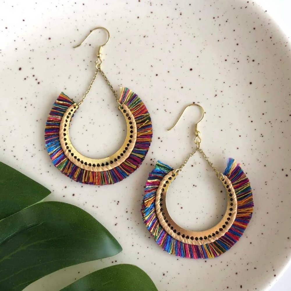 Boho Fringe Hoop Dangling Earring Handmade Gold Multi Color - Picture 1 of 2